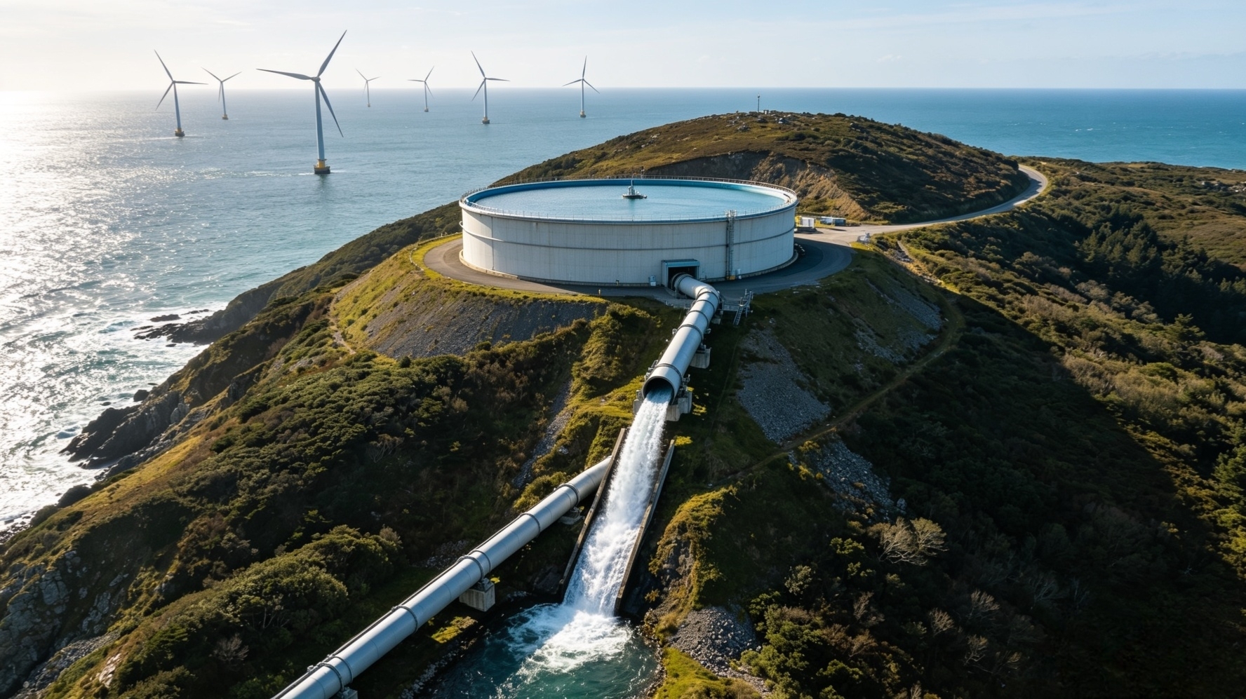 Elevated coastal reservoir with offshore wind turbines and pipeline — Gravity Storage Systems concept